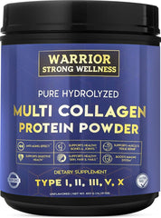 Warrior Strong Wellness Pure hydrolyzed multi-collagen powder bottle for daily convenience and support.