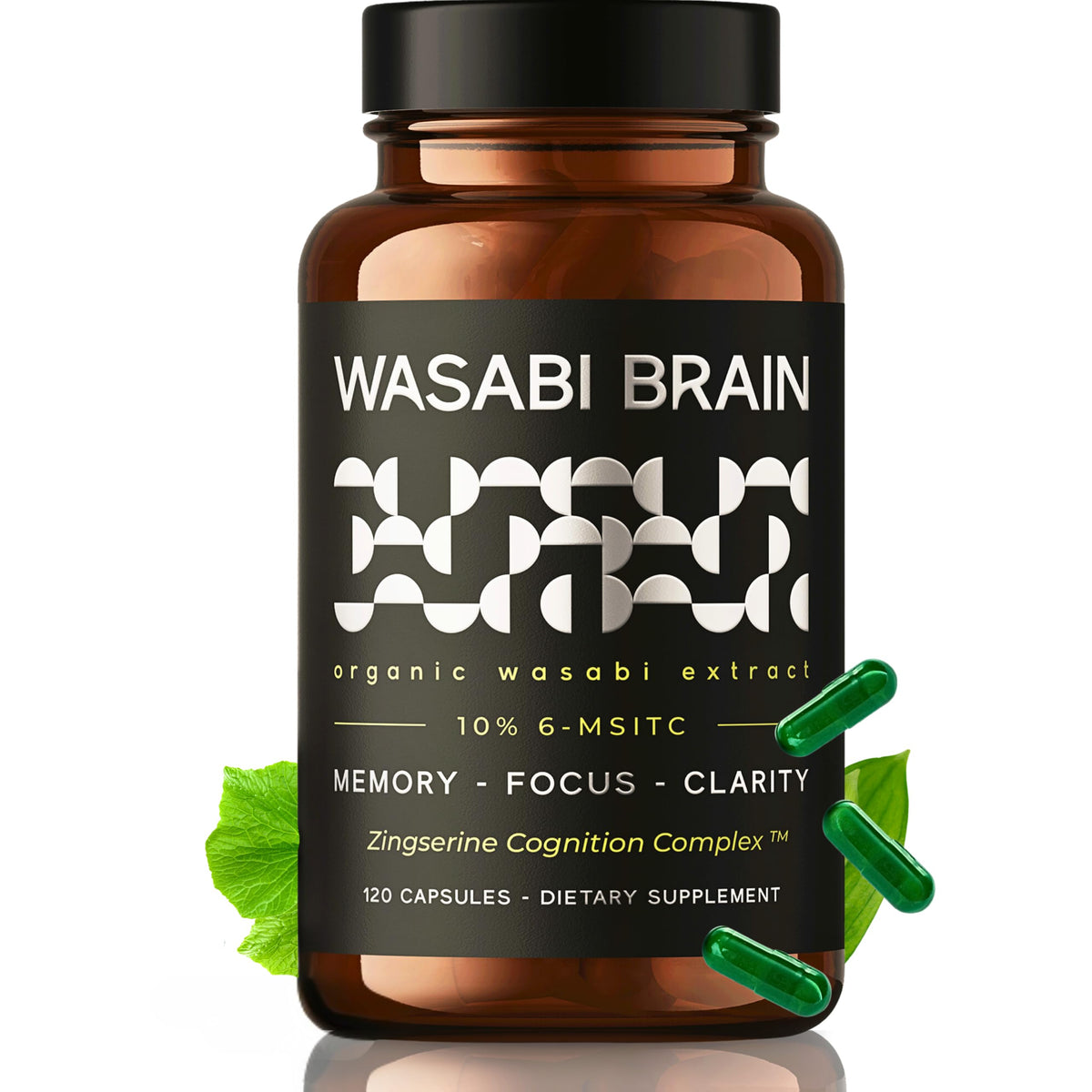 WASABI BRAIN bottle front view highlighting the organic wasabi extract for memory support.