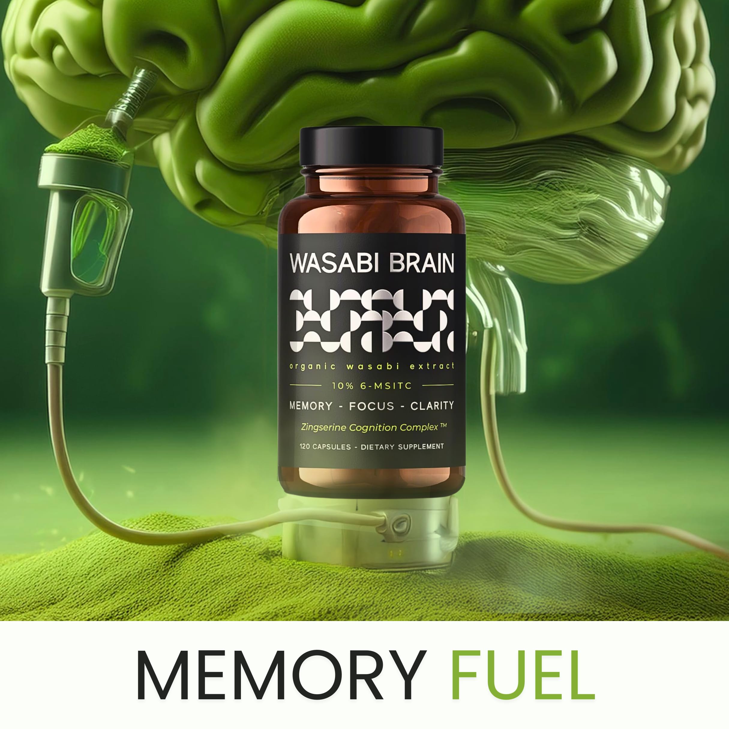 WASABI BRAIN capsules close-up emphasizing convenient daily cognitive support.