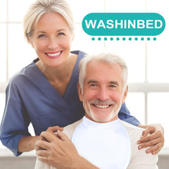 WASHINBED tracheostomy cover close-up shows 3-layer air-filter design for cleaner airflow.