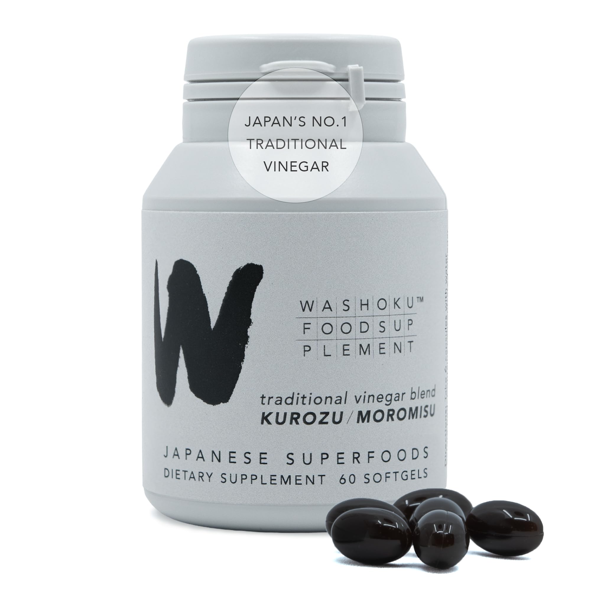 WASHOKU softgels bottle showing black vinegar blend for daily vitality