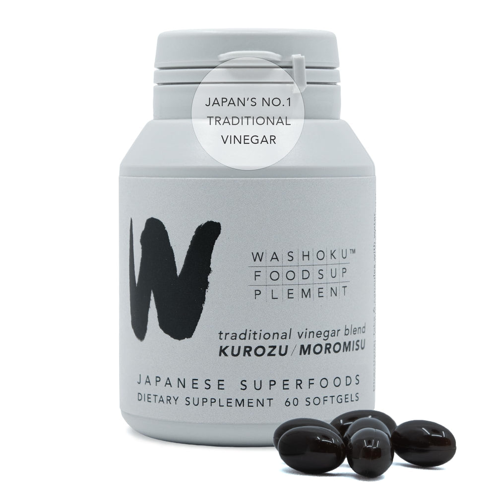 WASHOKU softgels bottle showing black vinegar blend for daily vitality