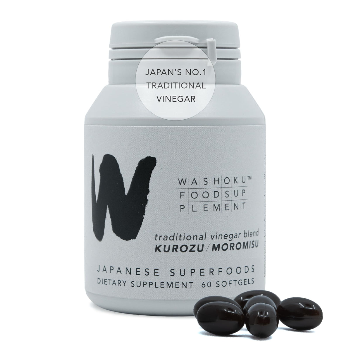 WASHOKU softgels bottle showing black vinegar blend for daily vitality