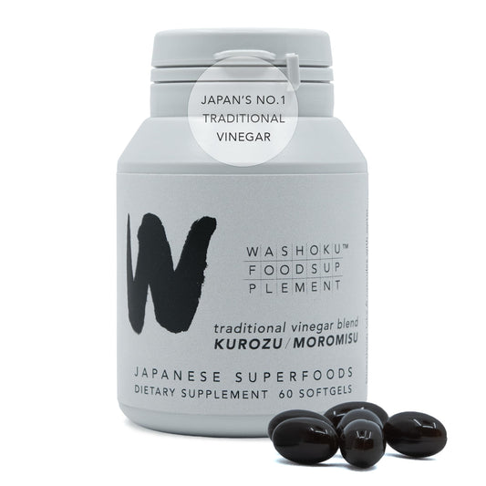 WASHOKU softgels bottle showing black vinegar blend for daily vitality
