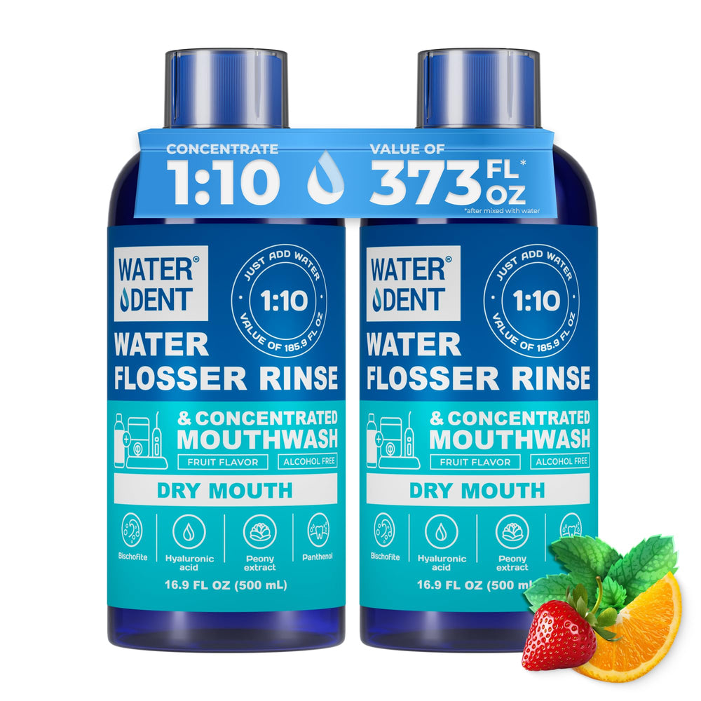 Water Dent concentrated irrigant dry mouth bottle pour for hydrating rinses.