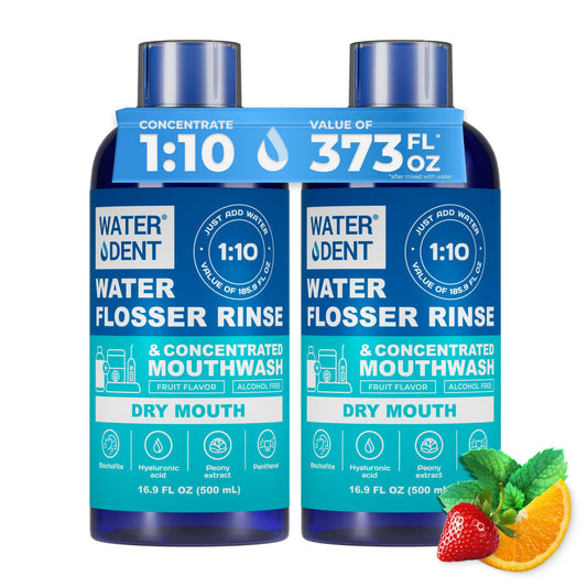 Water Dent concentrated irrigant dry mouth bottle pour for hydrating rinses.