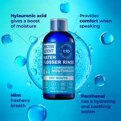 Water Dent hyaluronic acid hydrates dry mouth during rinsing for comfort.