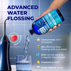 Water Dent irrigant with water flosser usage shows enhanced cleaning around teeth.