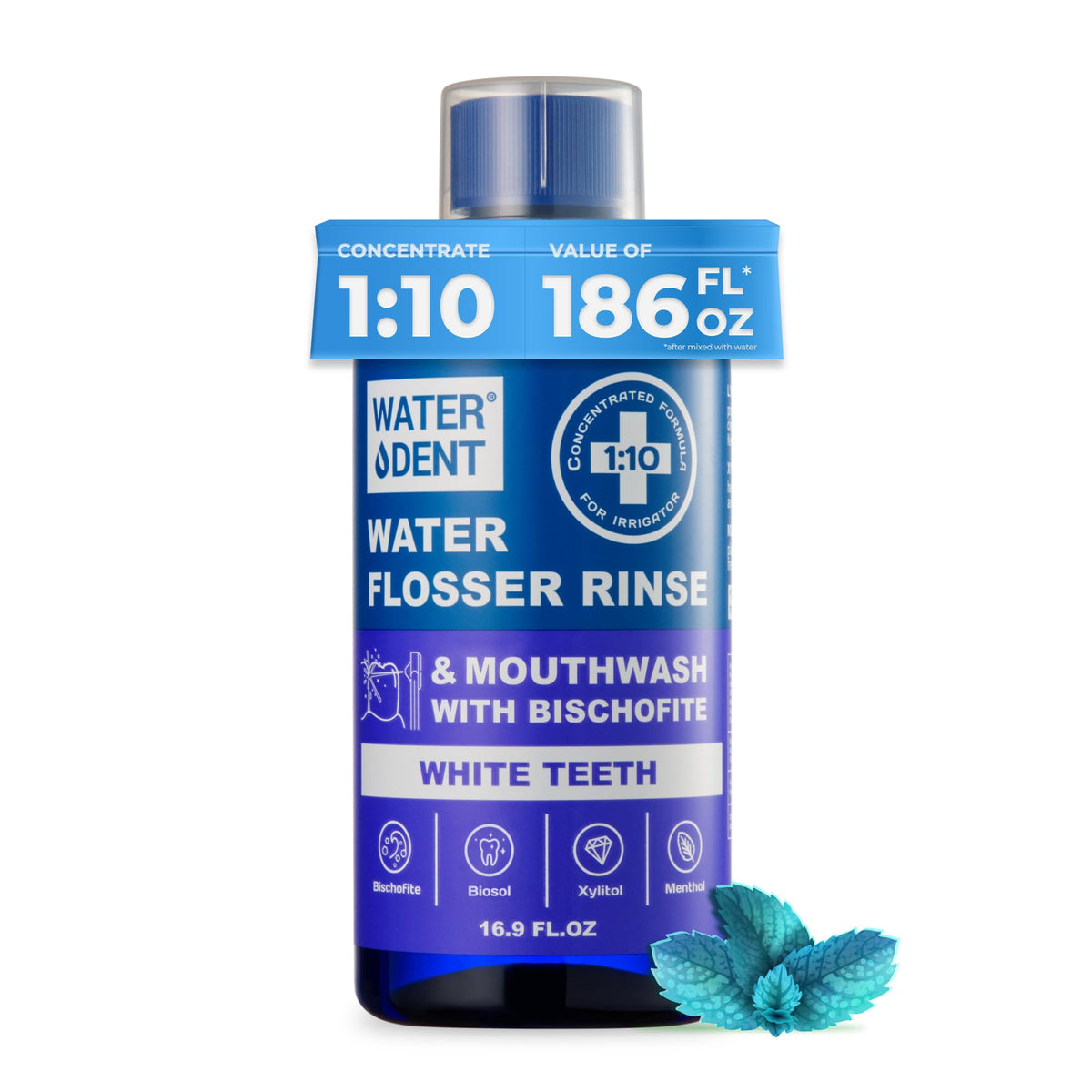 Water DENT concentrated rinse bottle front promotes fresh breath and enamel care