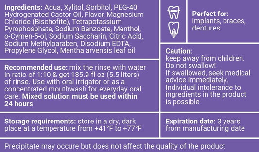 Water DENT rinse bottle label highlights 1:10 concentrate for up to 169 oz
