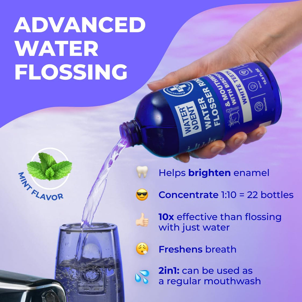 Water DENT product shot signals dentist-approved, alcohol-free, fluoride-free care