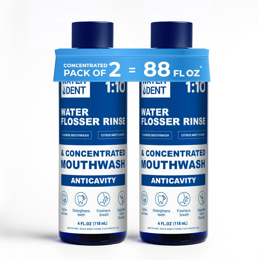WATER DENT fluoride mouthwash bottle in citrus mint, ready for water flosser use