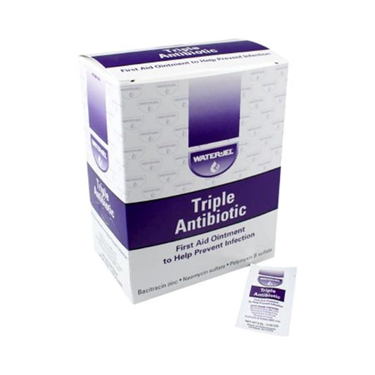 Water-Jel triple antibiotic ointment in a rectangular packet for minor wounds.