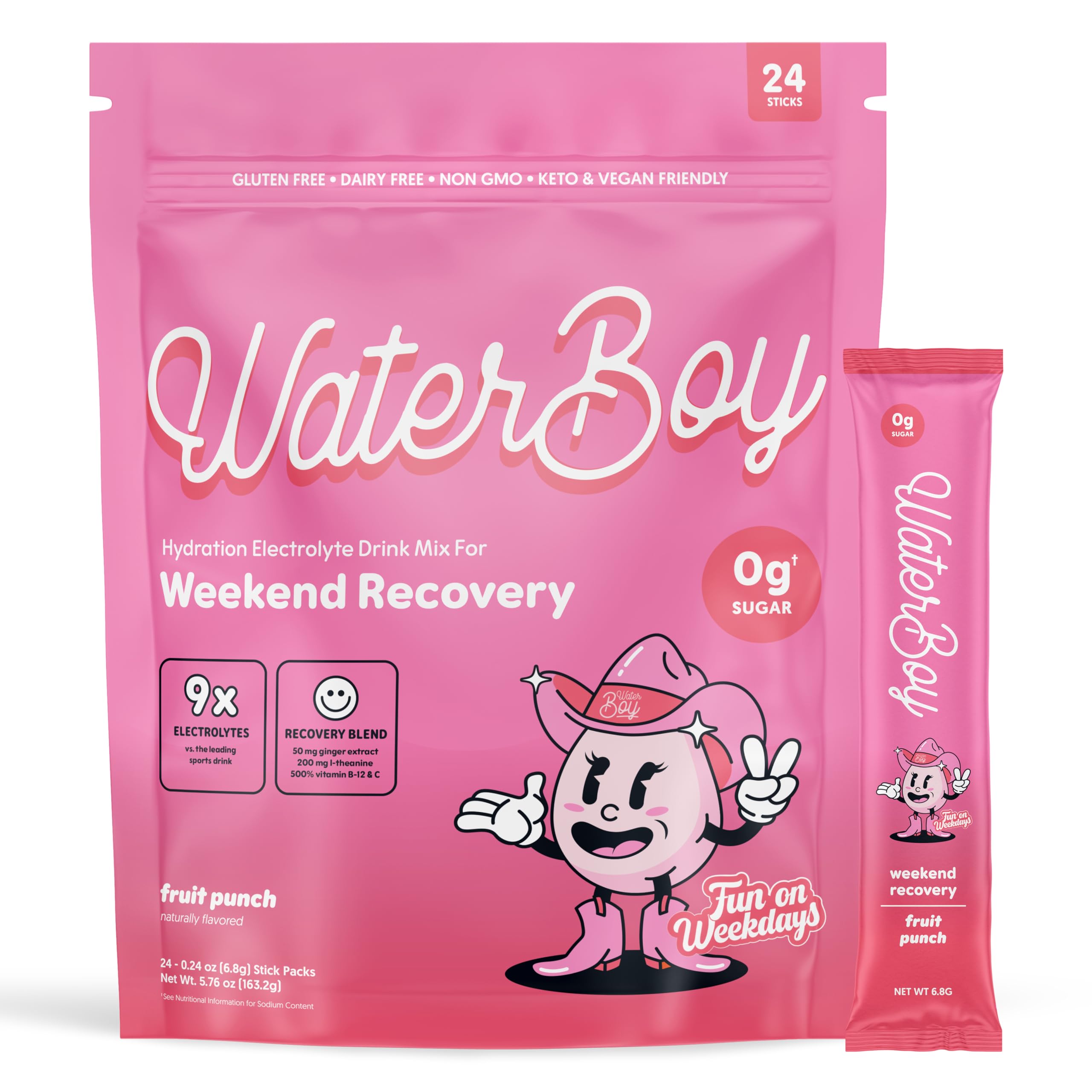Waterboy Weekend Recovery x FOW electrolyte packet for on-the-go hydration.