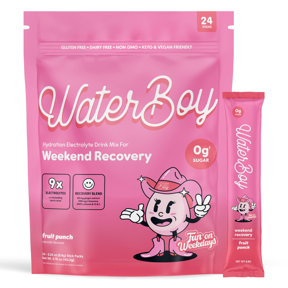 Waterboy Weekend Recovery x FOW electrolyte packet for on-the-go hydration.