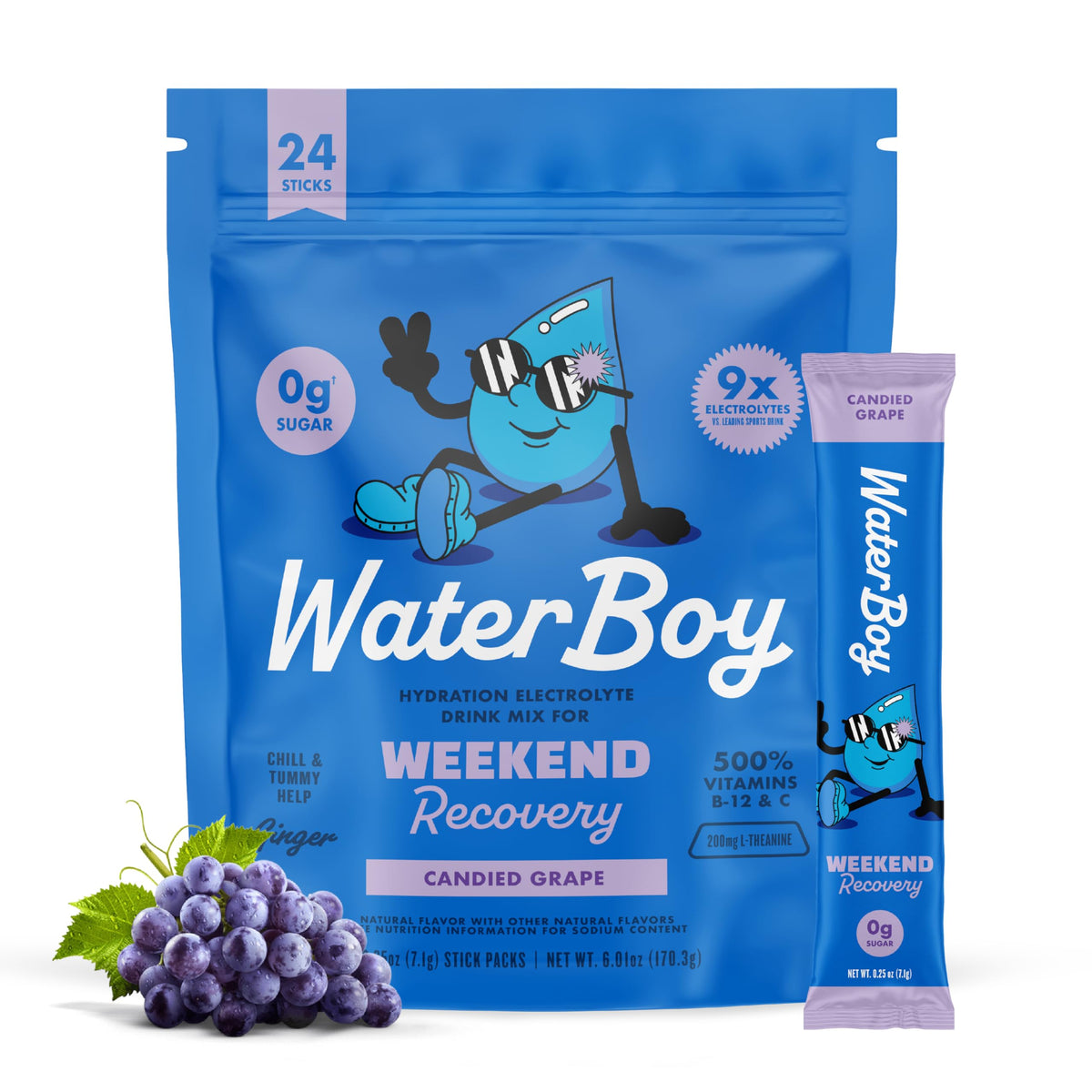 Waterboy Weekend Recovery grape stick provides a flavorful electrolyte boost after workouts.
