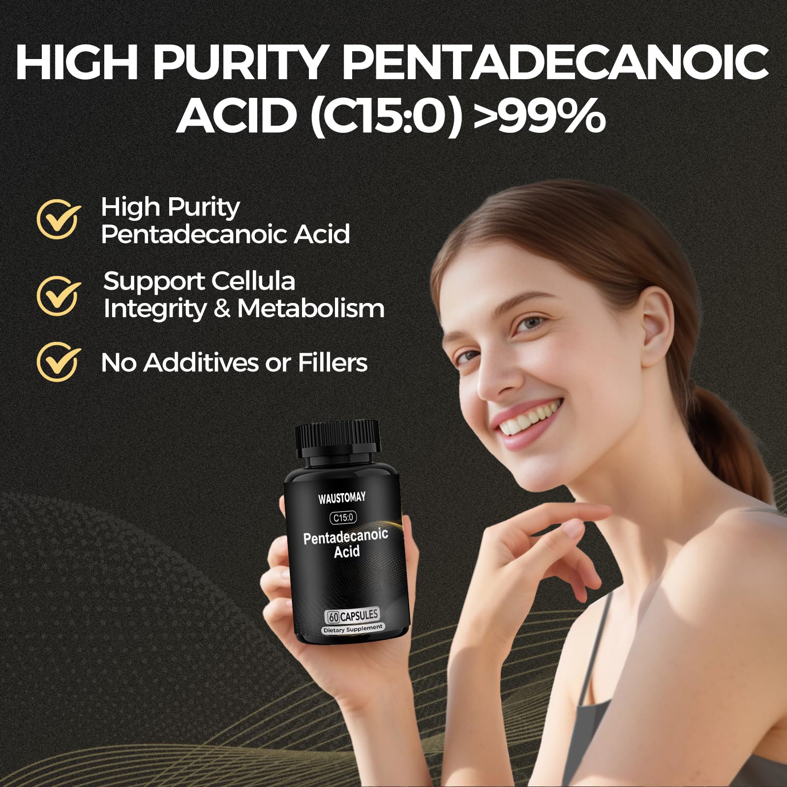 WAUSTOMAY Pentadecanoic Acid label closeup highlighting purity.