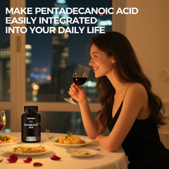 WAUSTOMAY Pentadecanoic Acid packaging beside glass of water for convenience.