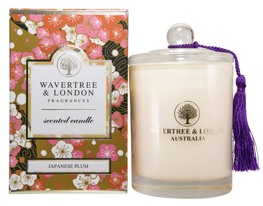 Wavertree & London candle close-up showcasing organic Japanese plum aroma and clean burn.