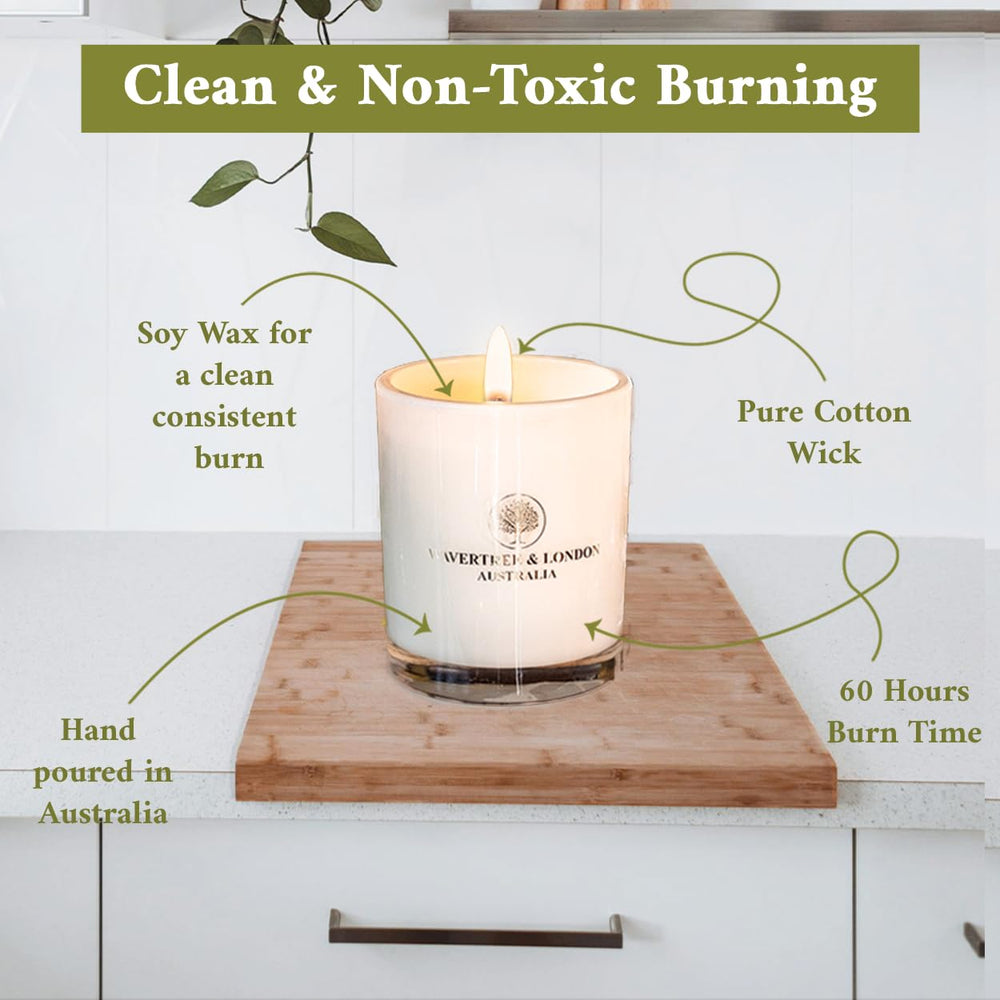 Wavertree & London candle burning with warm glow and clean burn