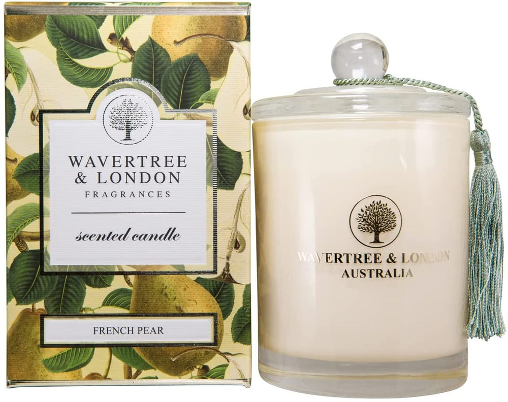Wavertree & London Organic French Pear candle label close-up for premium aroma