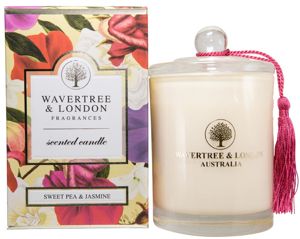 Wavertree London Sweet Pea Jasmine candle close-up showcasing clean burn and fresh fragrance