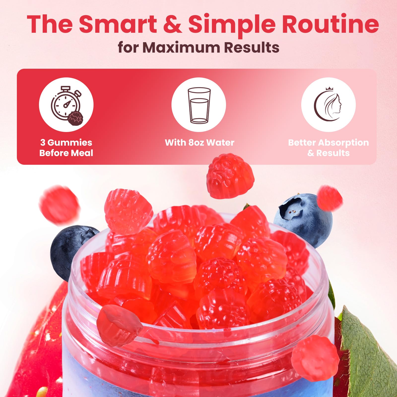 Vegan, sugar-free gummies with hyaluronic acid and vitamins after workouts.