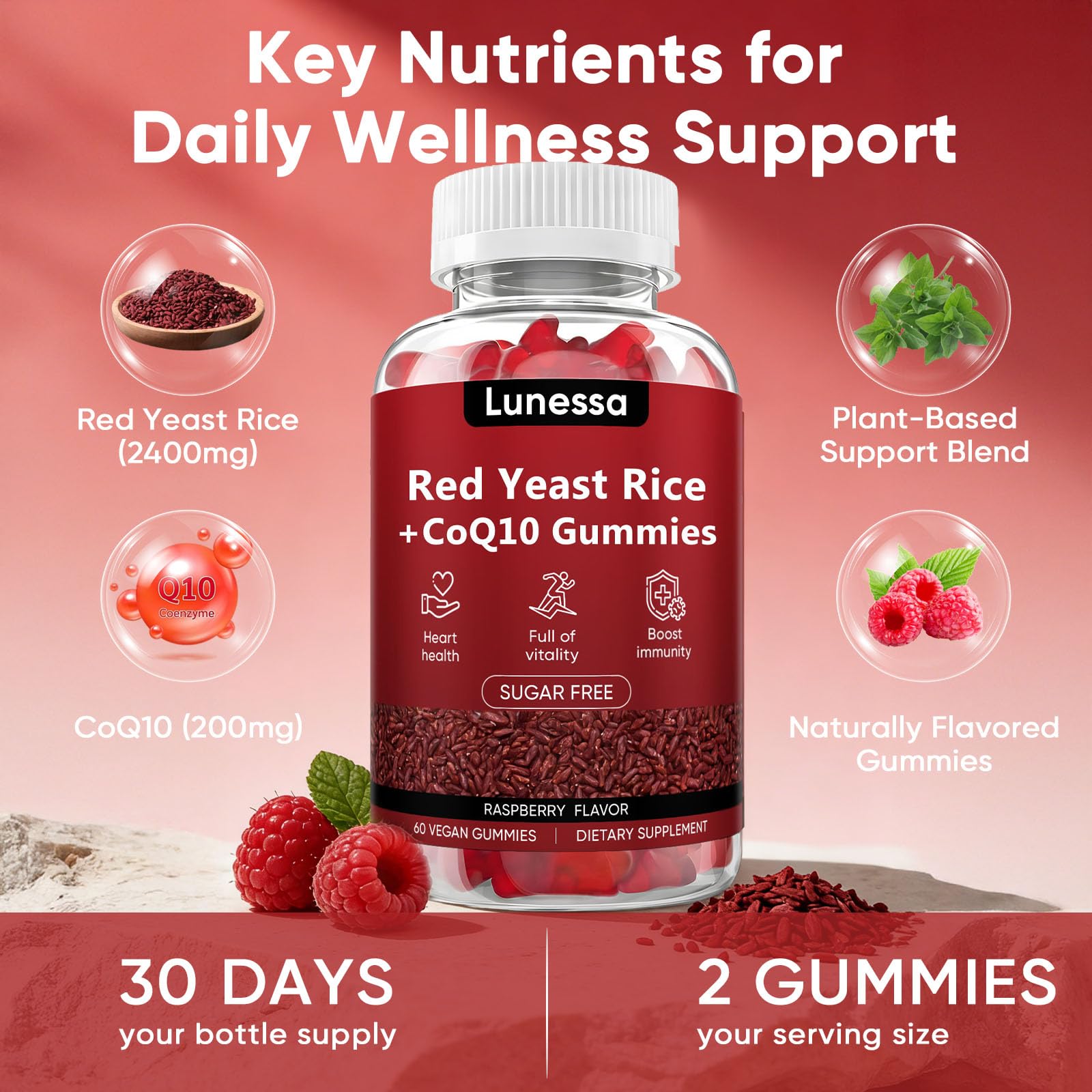WDVNEX Lunessa CoQ10 and red yeast rice ingredients close-up