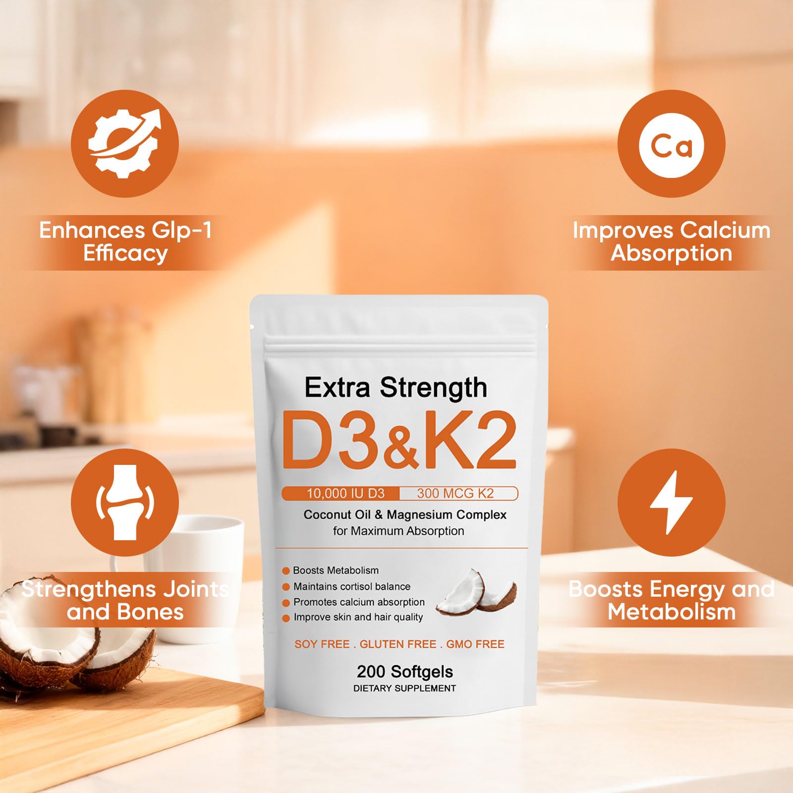 WDVNEX Vitamin D3 K2 Magnesium Softgels pouring bottle demonstrates easy portioning for daily energy.