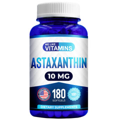 We Like Vitamins Astaxanthin bottle on a table for eye and skin support.