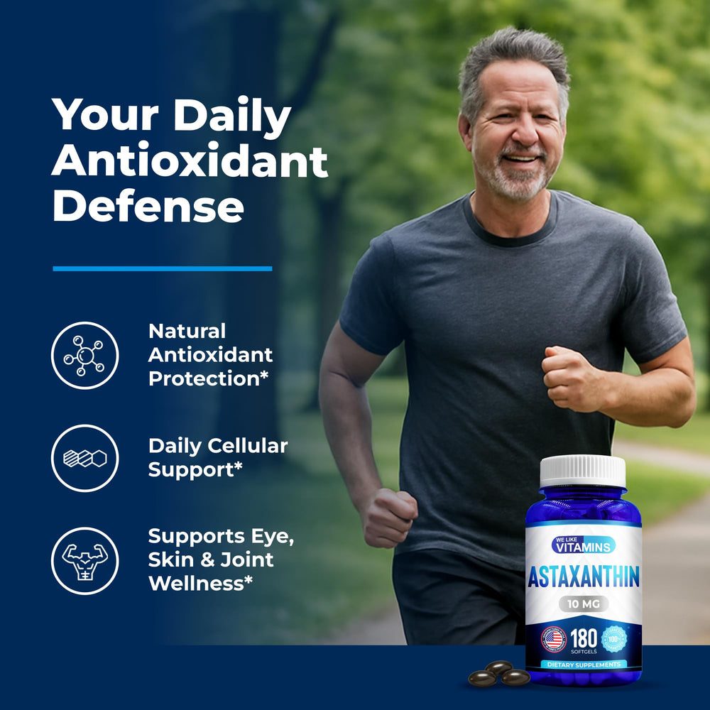 We Like Vitamins Astaxanthin front label highlighting 10 mg per serving.