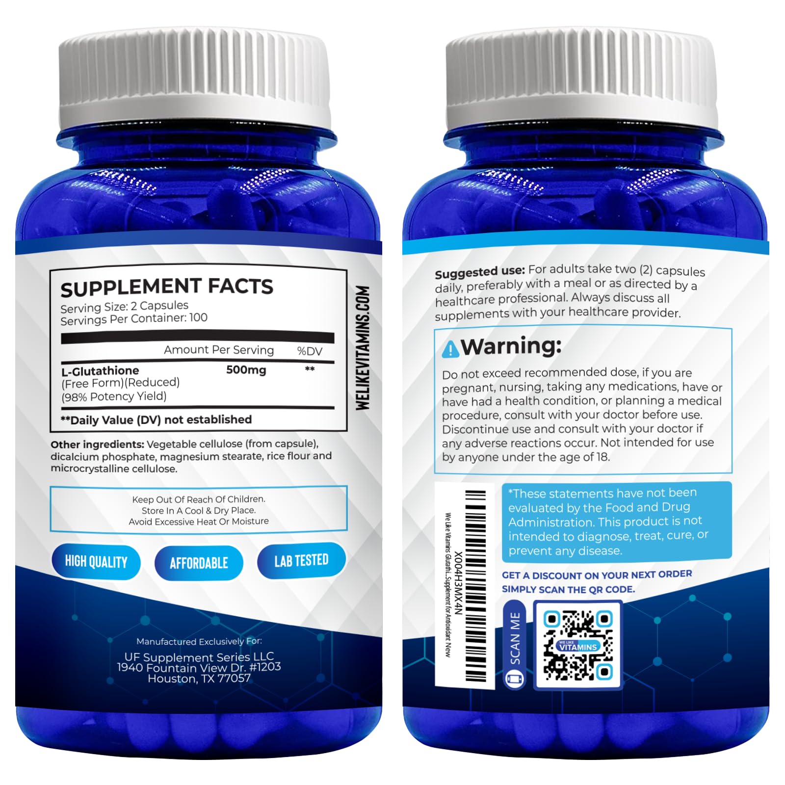 We Like Vitamins glutathione bottle closed showing complete ingredient list