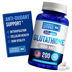 We Like Vitamins glutathione bottle label showing NSF certification for safety