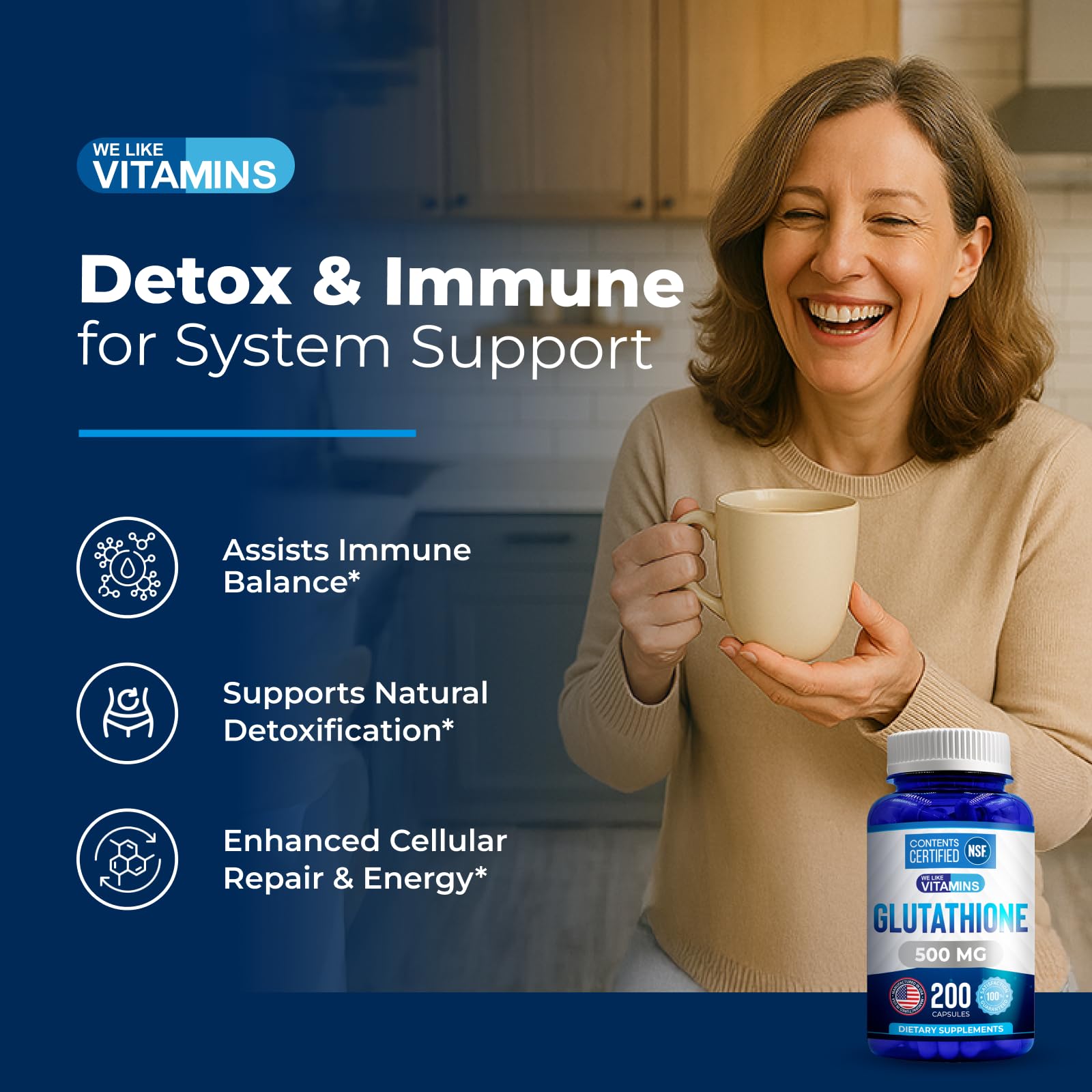 We Like Vitamins glutathione capsules poured into hand, portability friendly