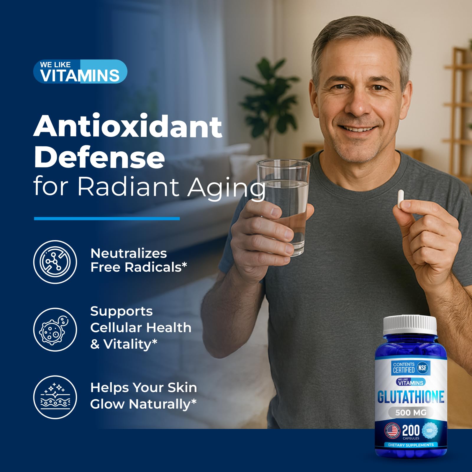 We Like Vitamins glutathione packaging, clean label and safety testing noted