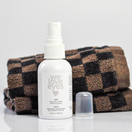 We Love Eyes chamomile eyelid cleansing spray close-up showing soothing formula.