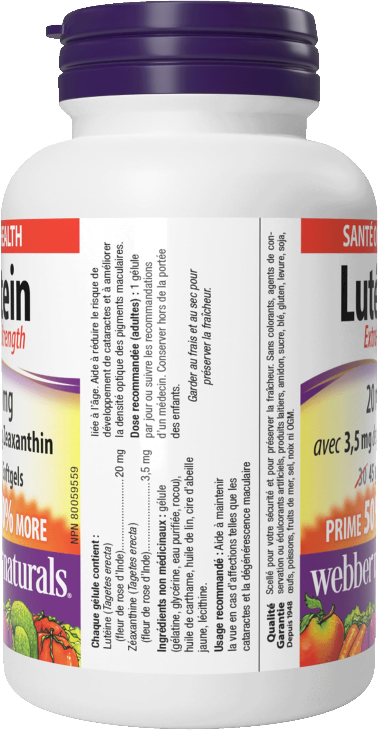 Webber Naturals lutein-zeaxanthin capsules on a bright countertop.