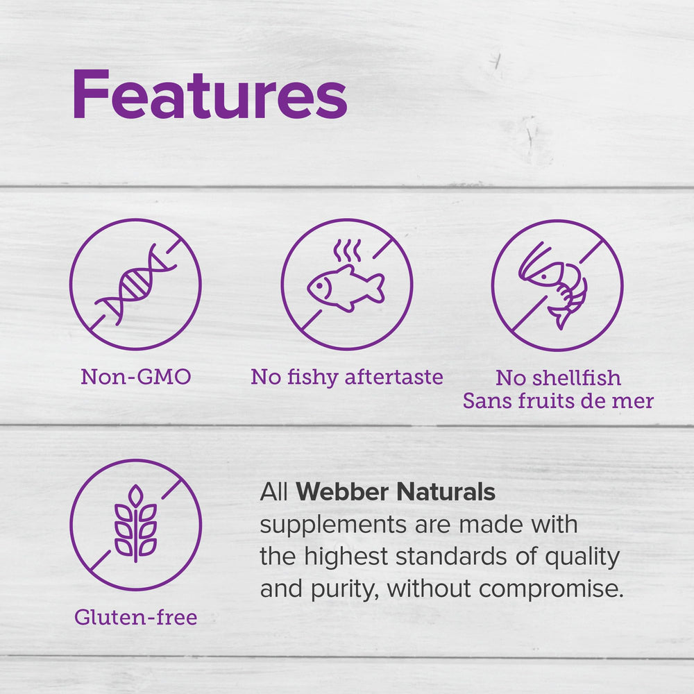 Webber Naturals enteric-coated softgels close-up to reduce aftertaste and improve absorption.