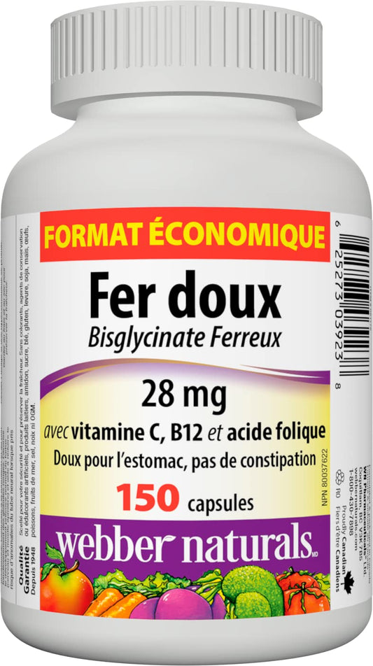 Webber Naturals Gentle Iron capsules closeup of small, easy-to-swallow pills