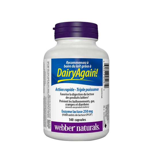 Webber Naturals Lactase label highlights 9000 FCC units per capsule for dairy digestion