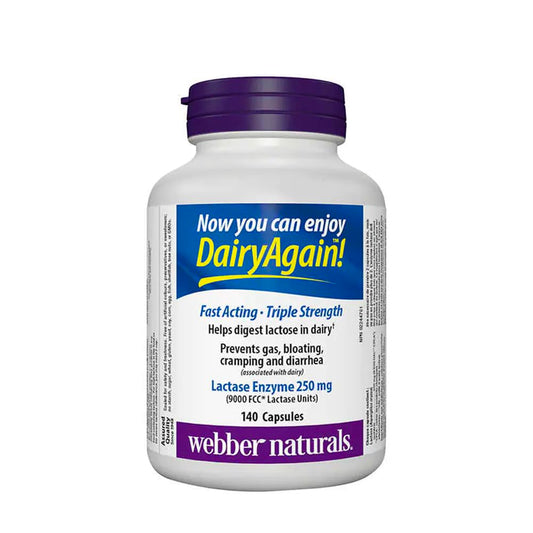 Webber Naturals Lactase Extra Strength bottle on shelf supports lactose digestion