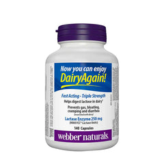 Webber Naturals Lactase Extra Strength bottle on shelf supports lactose digestion