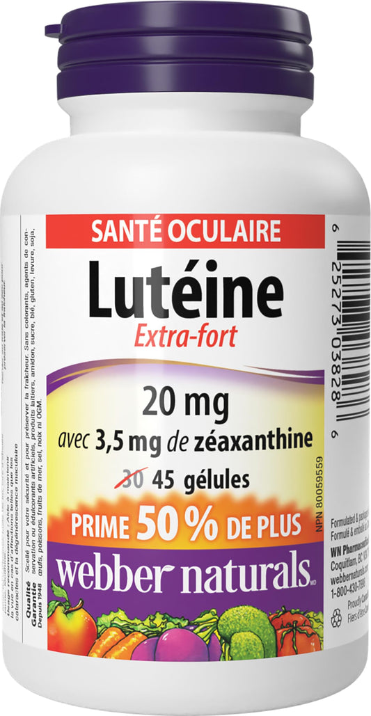 Webber Naturals lutein-zeaxanthin softgel capsules close-up showing golden capsules.