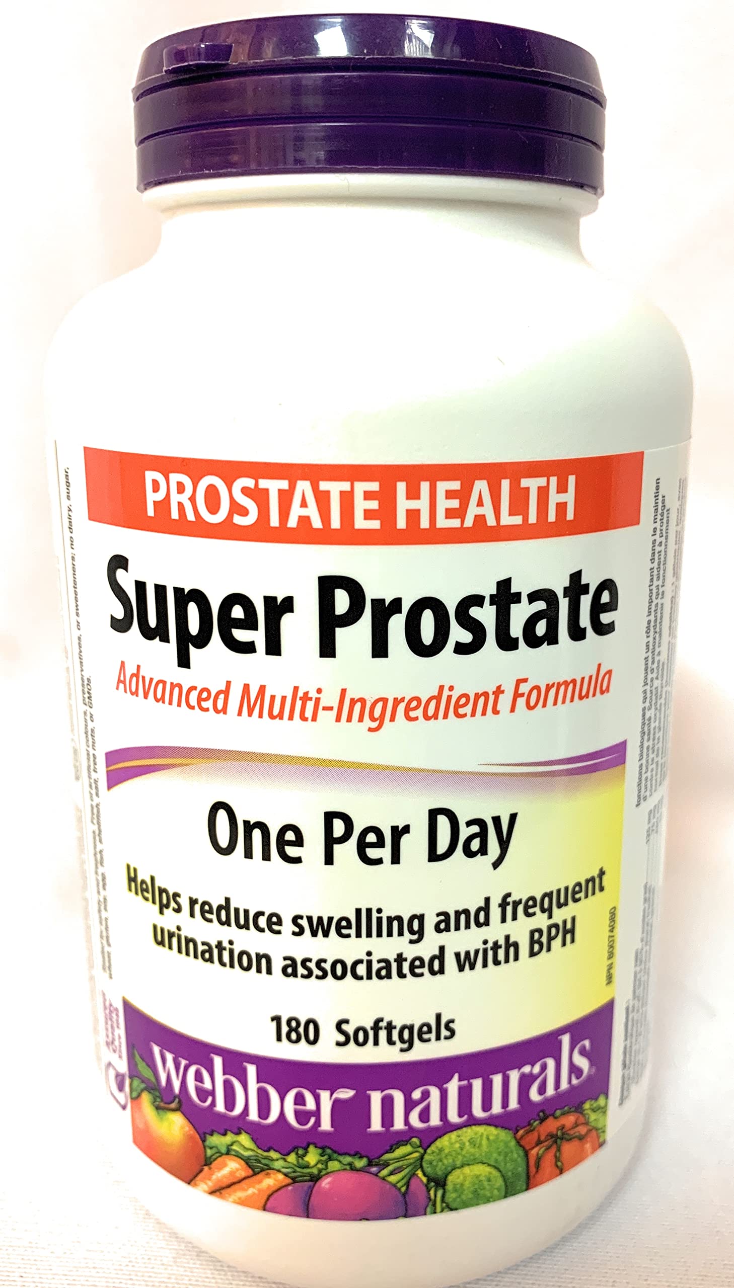 Webber Naturals Super Prostate softgel bottle shows convenient one-a-day dosage for urinary comfort.