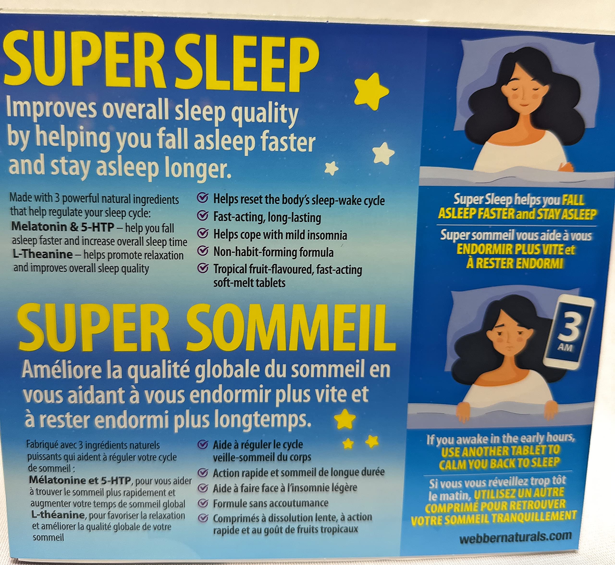Webber Naturals Super Sleep chewable tablets close-up highlighting tropical flavor for nightly use.