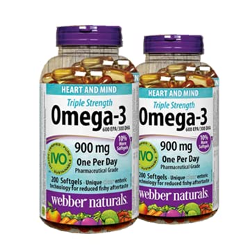 Webber Naturals Triple Strength Omega-3 900mg softgel bottle for daily wellness.