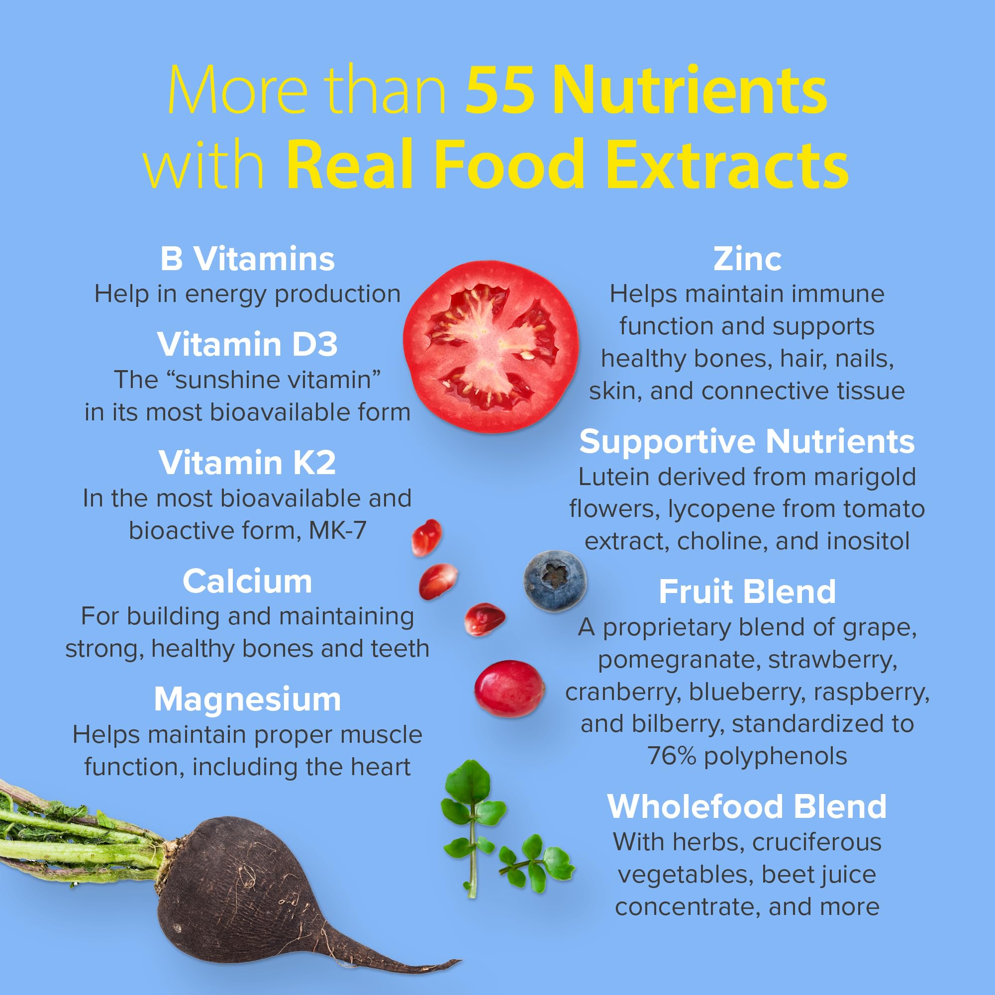 Webber Naturals Women's 50+ Multi ingredients sources image with 28 whole-food blends