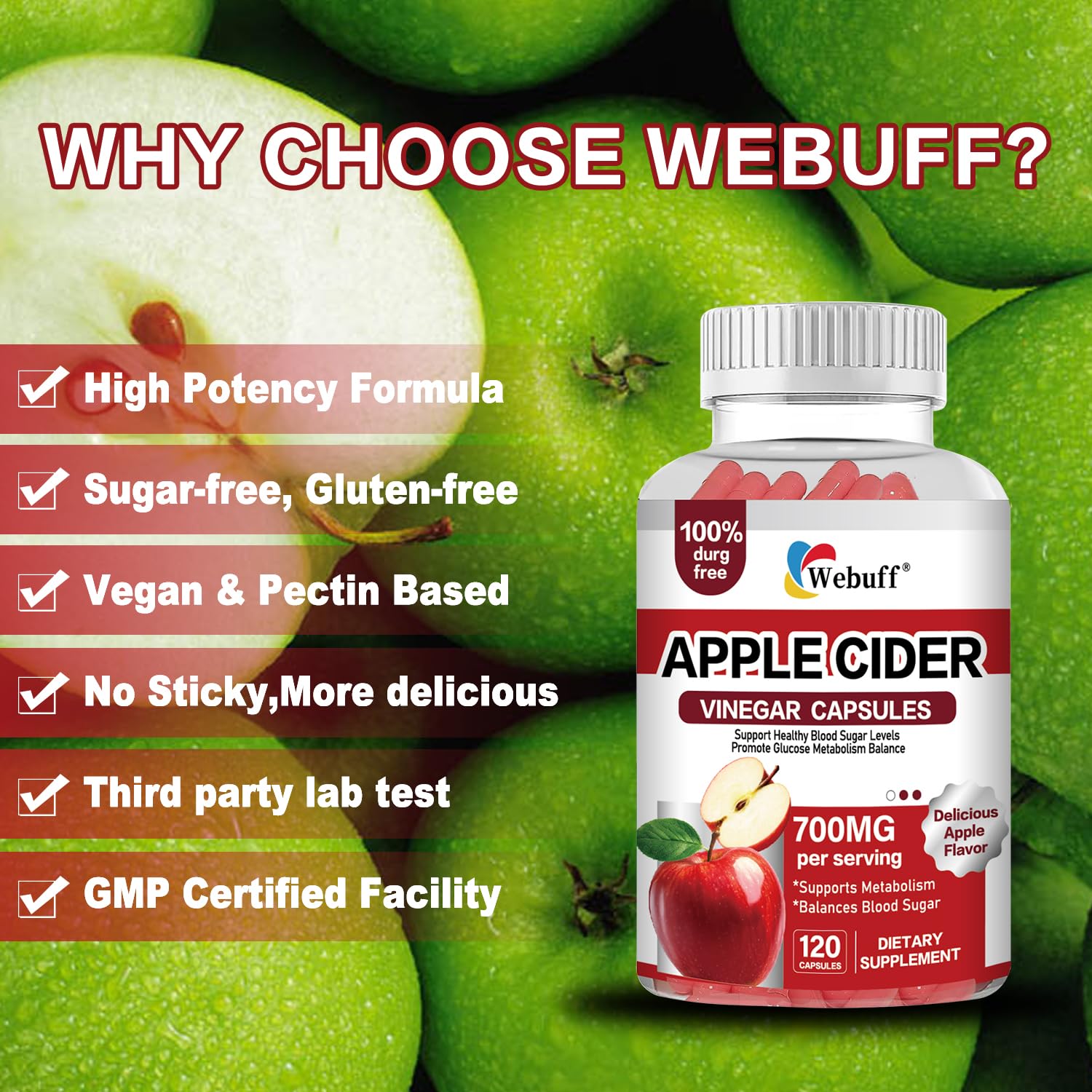 Webuff ingredients panel focuses on Aloe Vera extract and ACV.