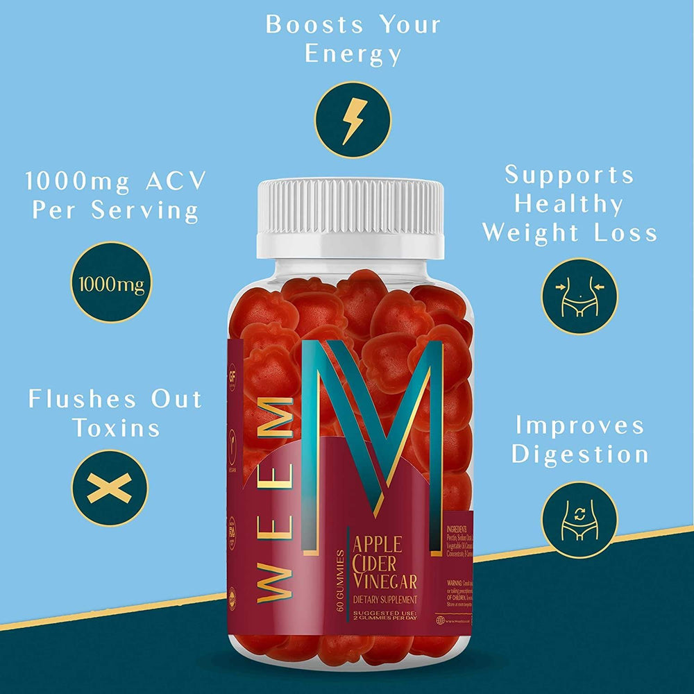 Close-up of WEEM gummies highlights vitamin B12 and folic acid for daily wellness.