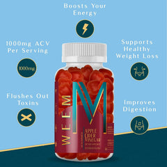 Close-up of WEEM gummies highlights vitamin B12 and folic acid for daily wellness.